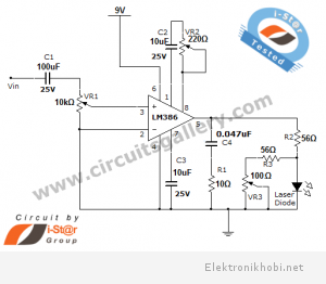Laser Communication project circuit schematic using LASER diode and LM386 low voltage audio amplifier_Transmitter circuit